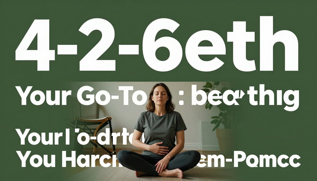 A person sits calmly on the living room floor with eyes closed, hands relaxed on belly and knee, practicing deep 4-2-6 breathing amid soft natural light, with an overturned chair nearby implying a recent fall. Bold '4-2-6 Breath' headline in white text on a muted dark-green band spans the top.