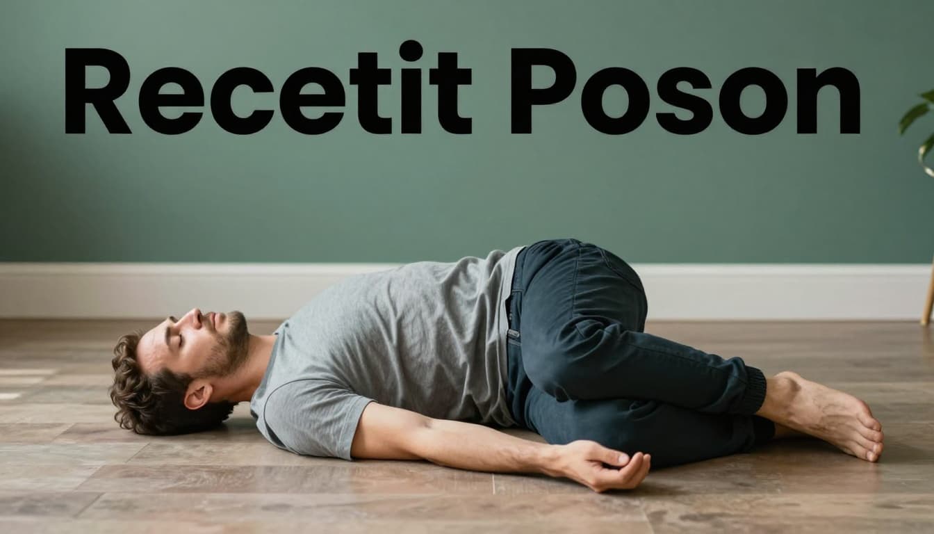 Realistic illustration of an adult in the correct recovery position lying on their side in a home living room, full body side view from slightly above, featuring natural daylight lighting and a muted dark-green headline band at the top.