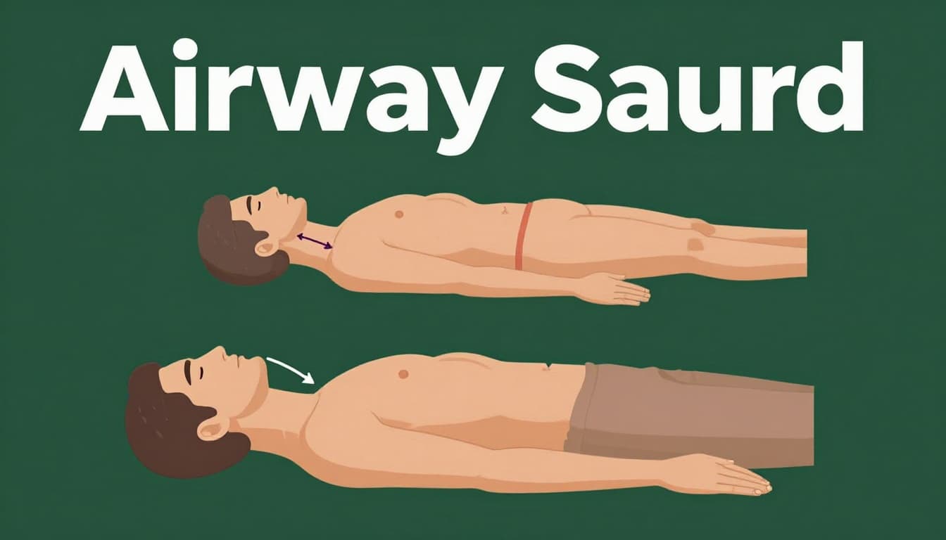Split-view anatomical diagram illustrates open airway in side-lying recovery position versus blocked airway in back-lying position, with arrows showing gravity drainage of fluids from the mouth.