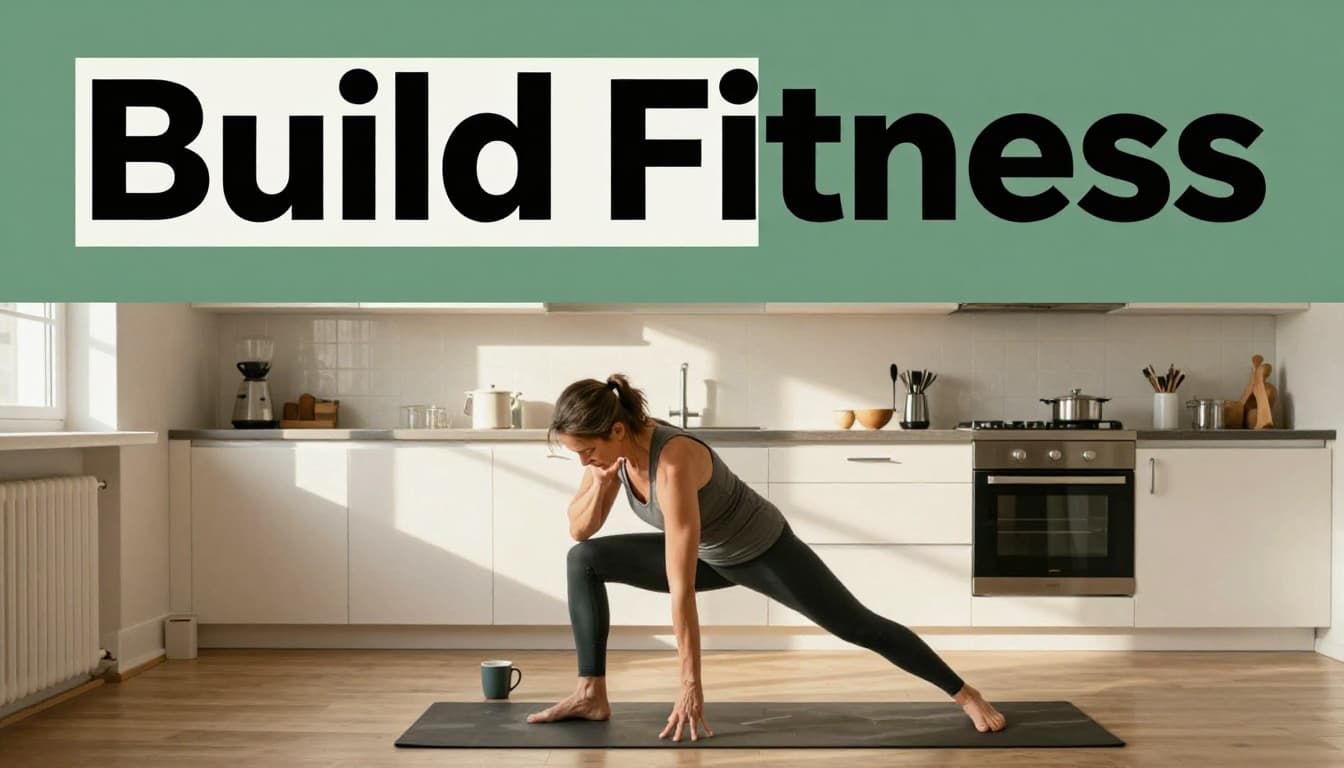 A fit middle-aged person performs quick morning stretches like neck rolls and arm circles in a bright home kitchen with natural sunlight and a nearby coffee mug, topped with a bold 'Build Fitness' headline on a muted dark-green band.