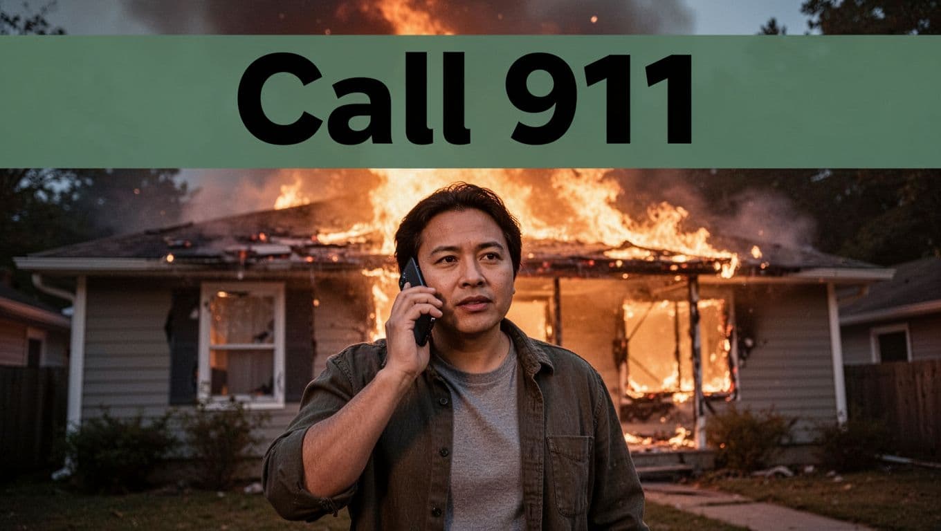 One adult person holds a smartphone to their ear, calling for help while standing safely outside a house with a fire in the background at a safe distance. Realistic photo in evening lighting with a bold 'Call 911' headline band at the top.