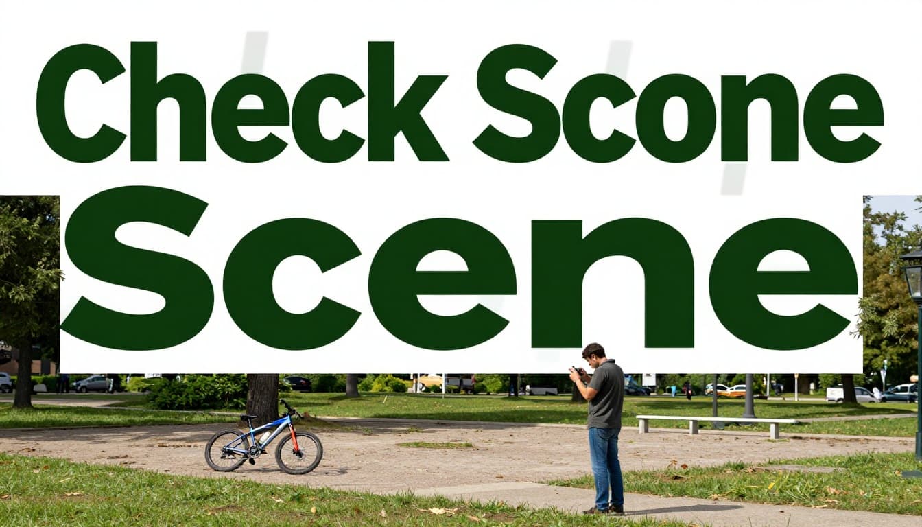 Bold 'Check Scene' headline in Montserrat-like font on a muted dark-green band, above a person in casual clothes cautiously scanning a park scene from side angle for dangers like traffic or uneven ground after a bike fall, in realistic outdoor daylight.
