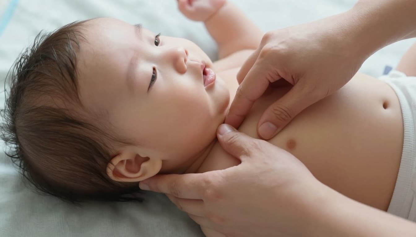A caregiver demonstrates chest thrusts on a face-up infant supported on the forearm for choking relief, using two fingers pressing 1.5 inches deep on the center breastbone below the nipples, head lower, in a realistic nursery with natural light.