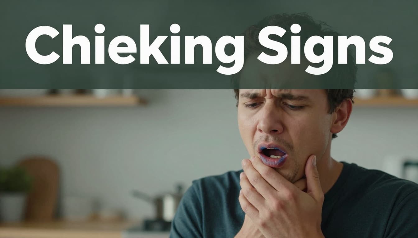 Close-up illustration of a single person in a home kitchen clutching their throat, with blue lips and panicked expression indicating choking, in realistic style with muted tones and soft lighting.