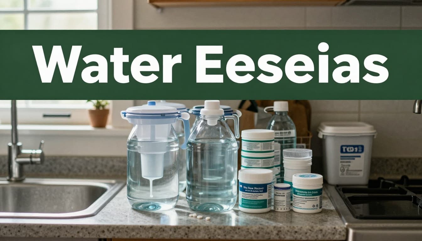 Stack of clean water jugs, purification tablets, and portable filter next to a sink in a home kitchen under natural light, emphasizing emergency water preparedness.