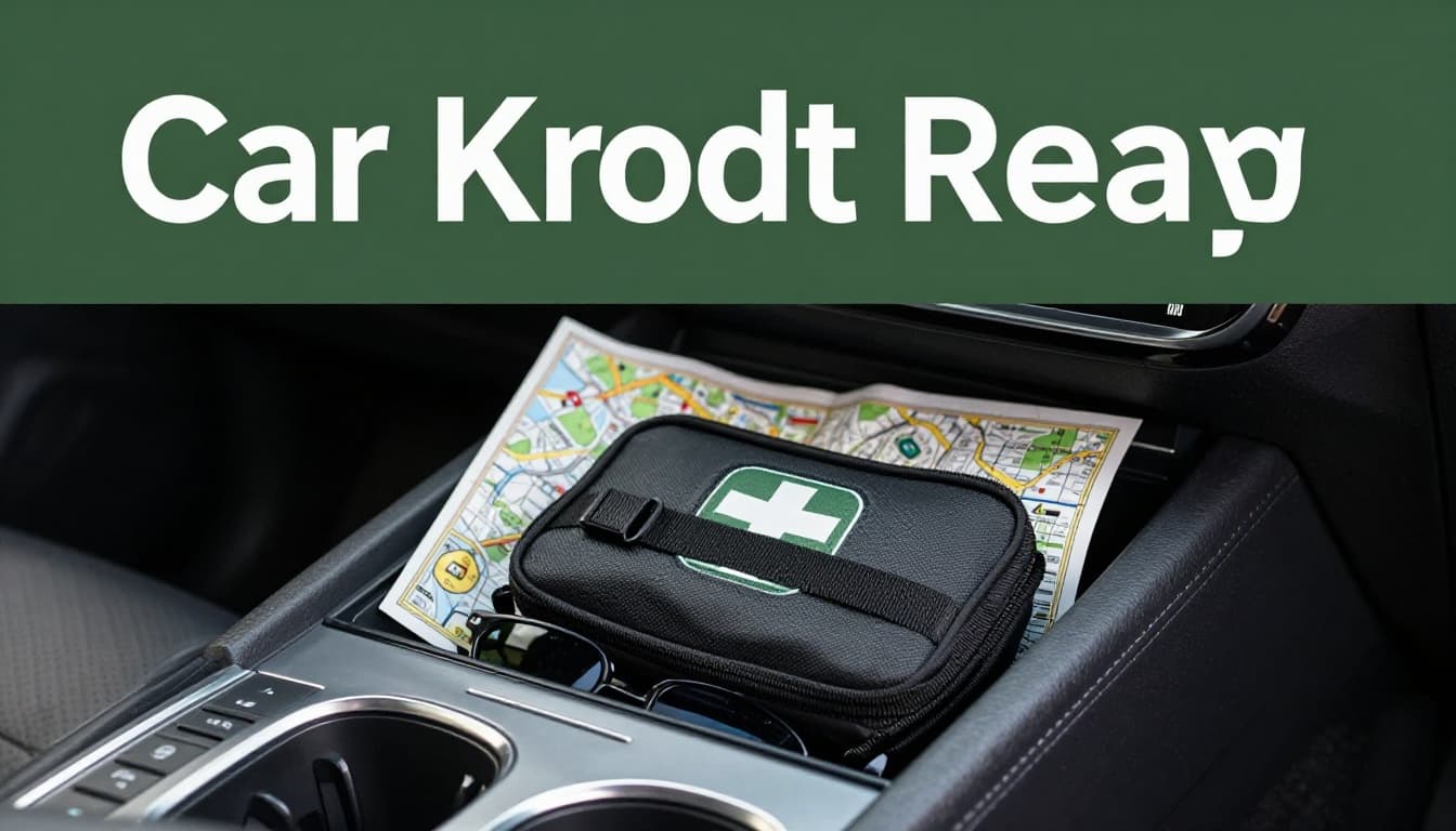 Compact first aid kit in a car glove compartment next to maps and sunglasses, with dashboard visible in background. Front view emphasizing easy reach from driver's seat in photorealistic style under soft lighting.