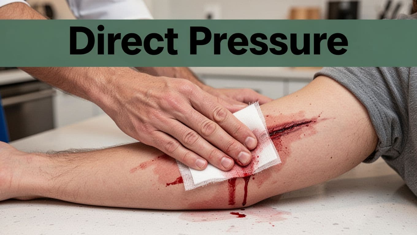 Close-up illustration of a hand firmly applying direct pressure with a clean white gauze pad on a bleeding laceration wound on an upper arm in a simple indoor kitchen setting, featuring a bold 'Direct Pressure' headline at the top.