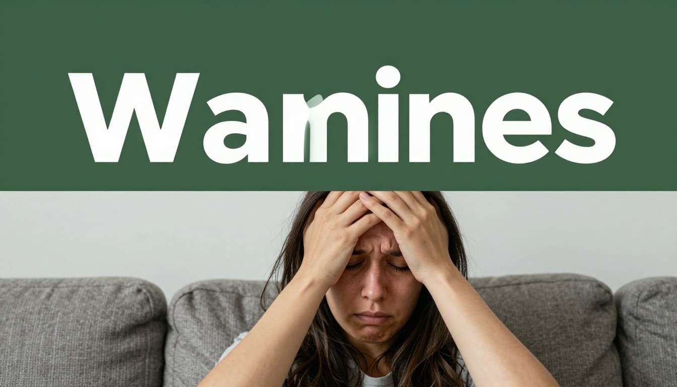 A person sitting on a couch in an indoor setting shows early fainting signs like dizziness and paleness, hand on forehead, close-up on face and upper body in realistic photo style with soft natural lighting. Features a bold 'Warning Signs' headline on a muted dark-green band at the top.