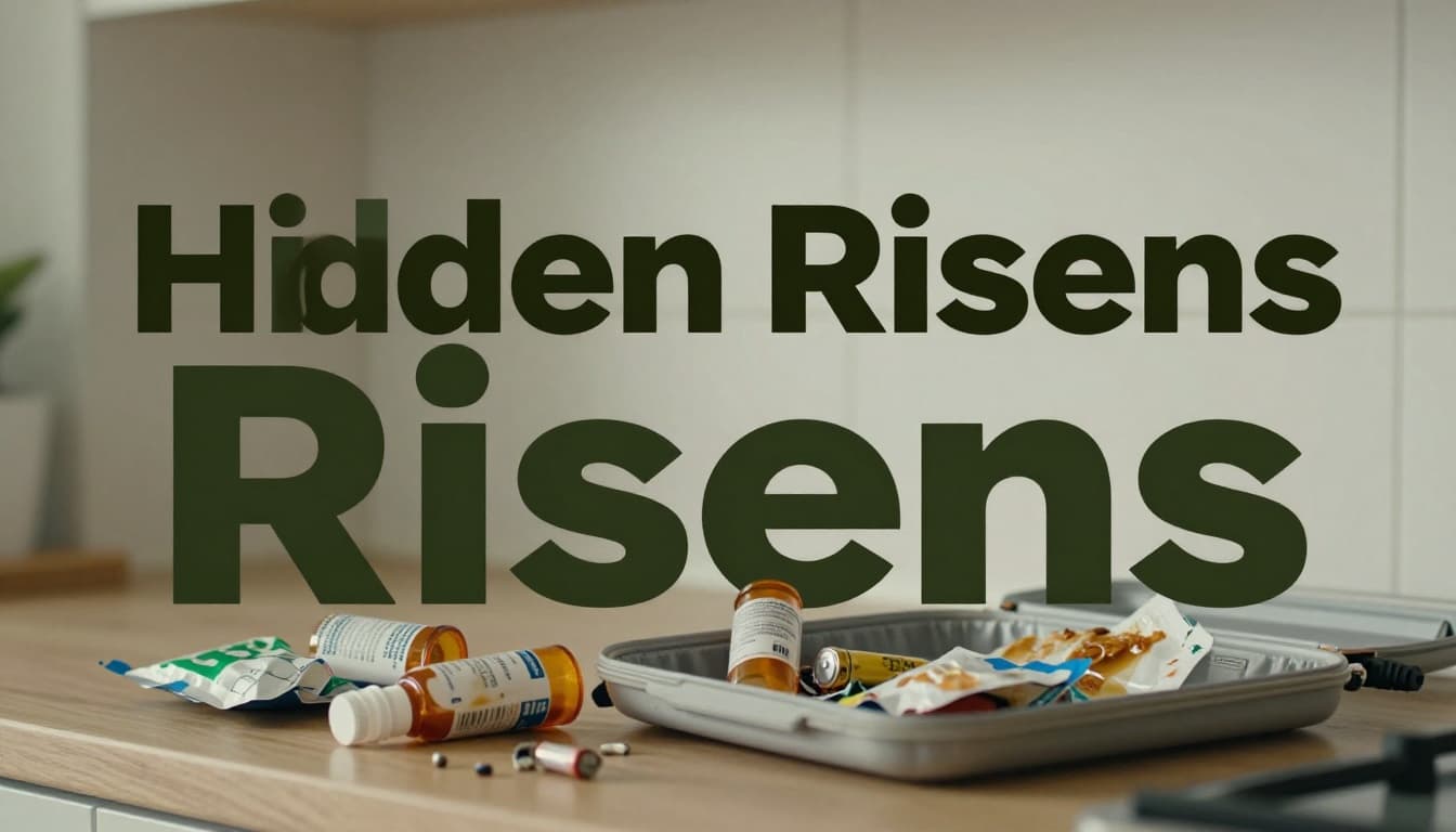Close-up view of an open emergency kit on a kitchen table in evening light, showing expired medication bottles with faded labels, leaky corroded batteries, and spoiled food packets in realistic photography style with soft shadows and muted colors. Bold 'Hidden Risks' headline in Montserrat Black font on a dark-green band at the top.