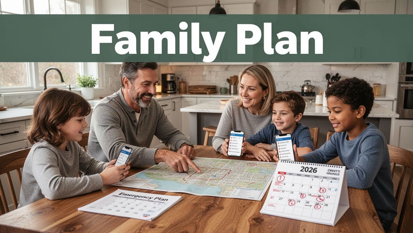 A family of four—two adults and two children aged 8-12—sits around a wooden kitchen table in a cozy modern home kitchen, calmly reviewing their emergency plan with a neighborhood map, phone contact list, and calendar marked for 2026 drills under natural morning light. The image features a branded dark-green header band with bold 'Family Plan' headline.