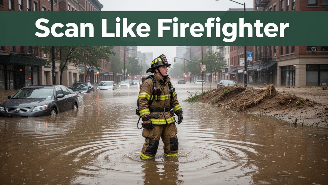 A firefighter stands ankle-deep in floodwater on a city street, performing a 360-degree scan with a focused determined expression, spotting elevated dry ground amid submerged cars and rising water under overcast daylight.