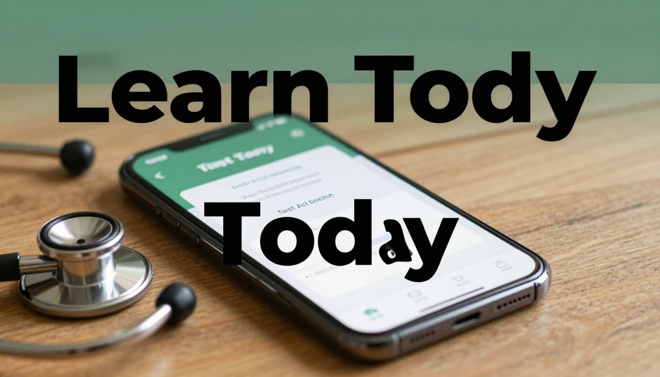 Smartphone displaying first aid app quiz on a wooden desk beside a stethoscope in a cozy home office with warm lighting and a prominent 'Learn Today' headline.