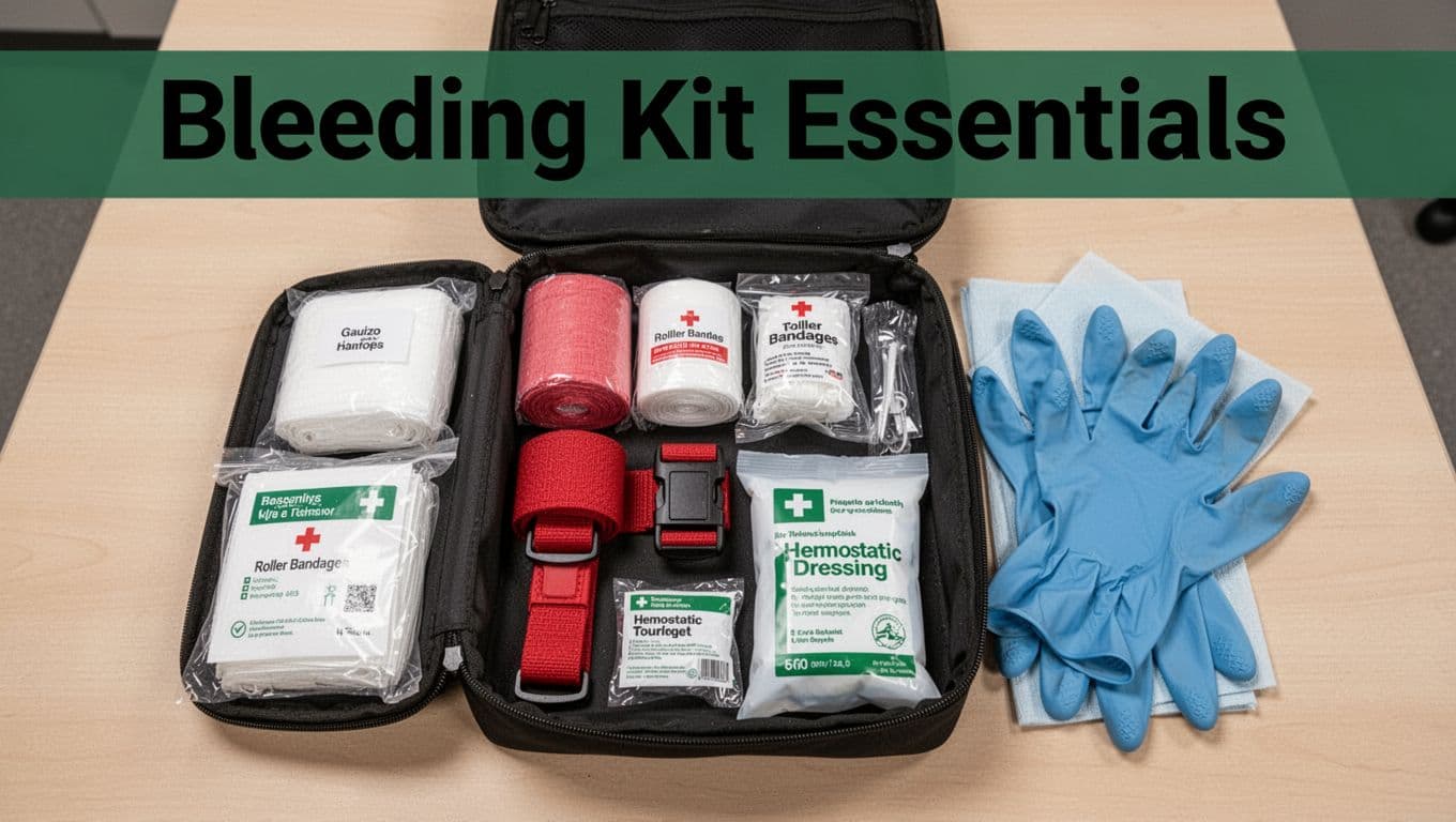Top-down photorealistic view of an open first aid kit on a neutral table, displaying key bleeding control items including gauze pads, roller bandages, tourniquet, hemostatic dressing, gloves, and clean cloths, with a bold headline 'Bleeding Kit Essentials' in a muted dark-green band at the top.