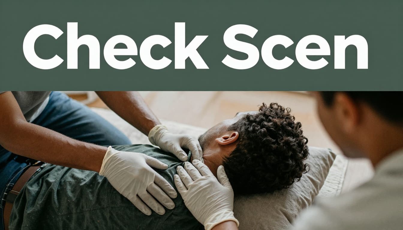 A gloved rescuer taps a casualty's shoulder to check responsiveness in a safe home setting, close-up realistic photo with natural daylight lighting, branded with bold 'Check Scene' headline on a muted dark-green band at the top.