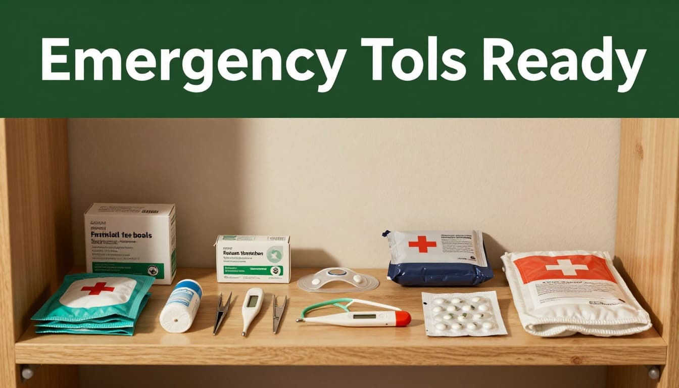 Array of first aid tools including tweezers, instant cold compress, digital thermometer, breathing barrier, emergency blanket, and pain reliever packets organized on a shelf in a home setting under warm indoor light.