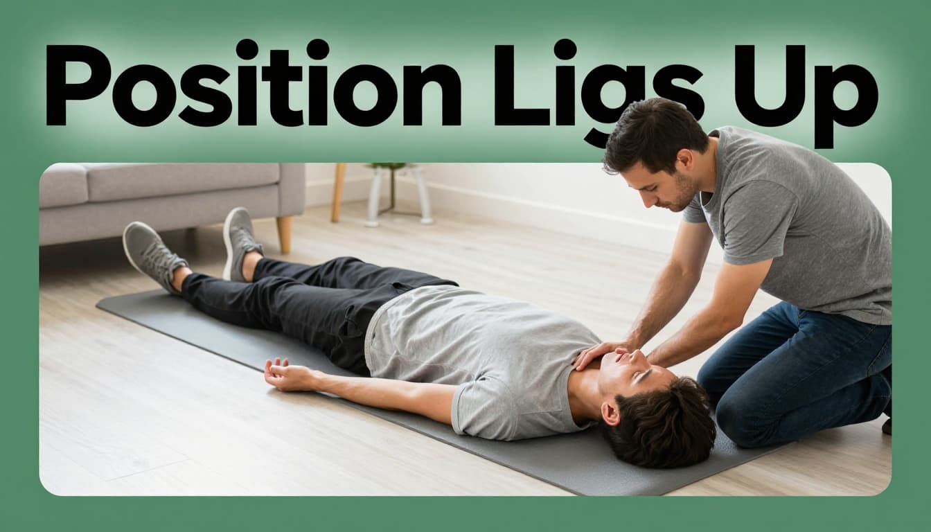 Side view realistic photo of a person lying supine on a home living room floor with legs elevated on a chair 12 inches above heart level, bystander kneeling nearby checking pulse, bright daylight lighting, exactly two people, bold editorial headline 'Position Legs Up' on muted dark-green top band.