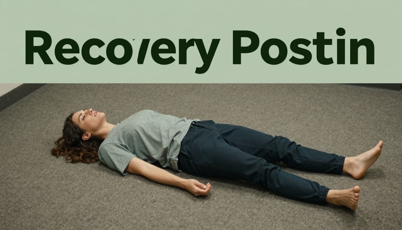 Realistic medical illustration of an unconscious person in the side recovery position on a carpeted floor, top leg bent for stability, head tilted back for open airway, bystander nearby, three-quarter view.