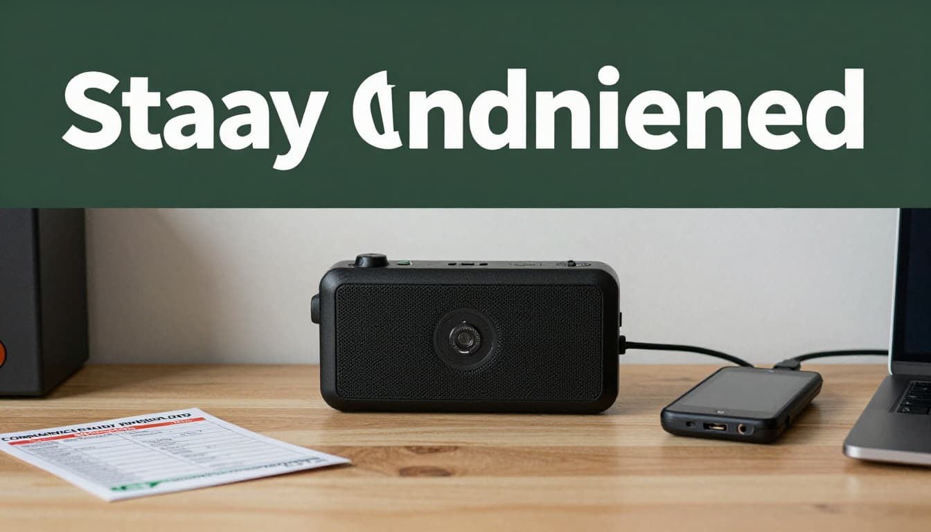 Realistic indoor photo featuring a hand-crank NOAA radio, portable power bank, cell phone charger, and laminated family contact list on a desk with soft desk lamp lighting and a bold 'Stay Connected' headline on a dark-green top band.
