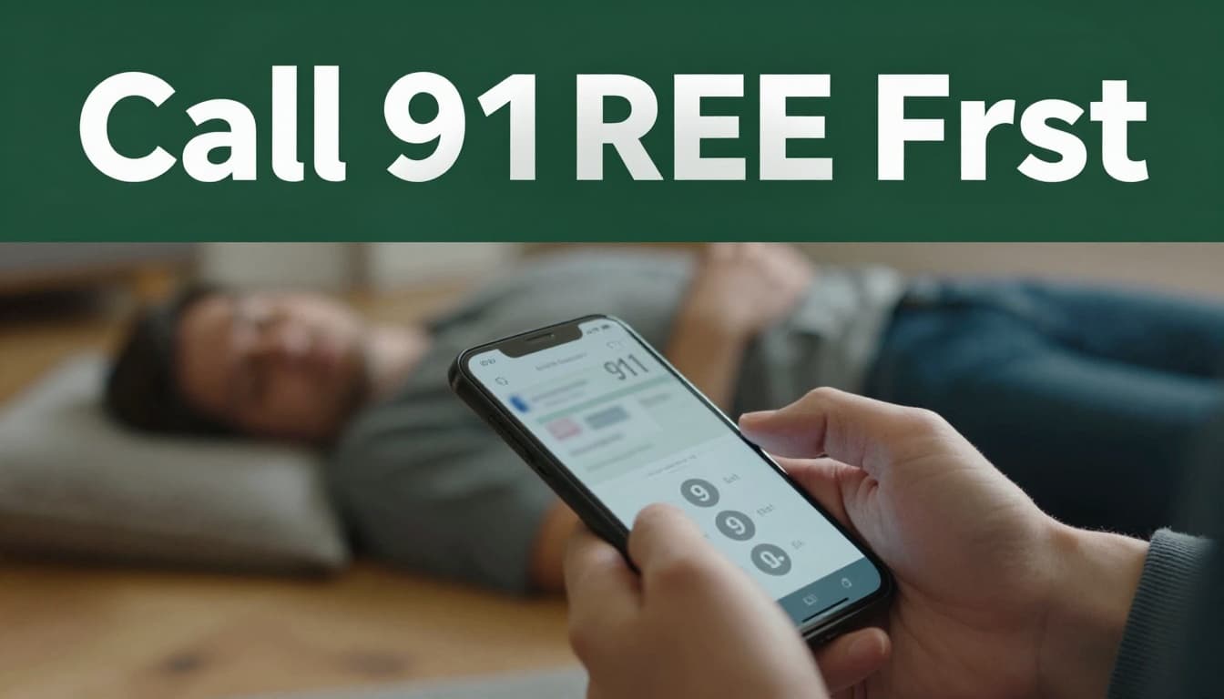 Closeup of a hand holding a smartphone with 911 dialed on the blurred screen, positioned beside an unconscious person on the floor in a home setting, conveying urgency and the priority of immediate emergency calls.