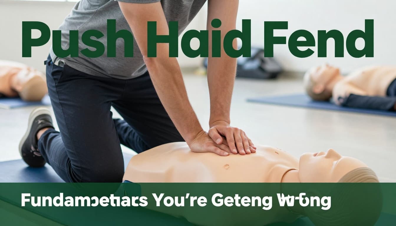 Adult performing hands-only CPR chest compressions on mannequin in gym floor setting, realistic training scene with natural light and bold 'Push Hard Fast' headline.