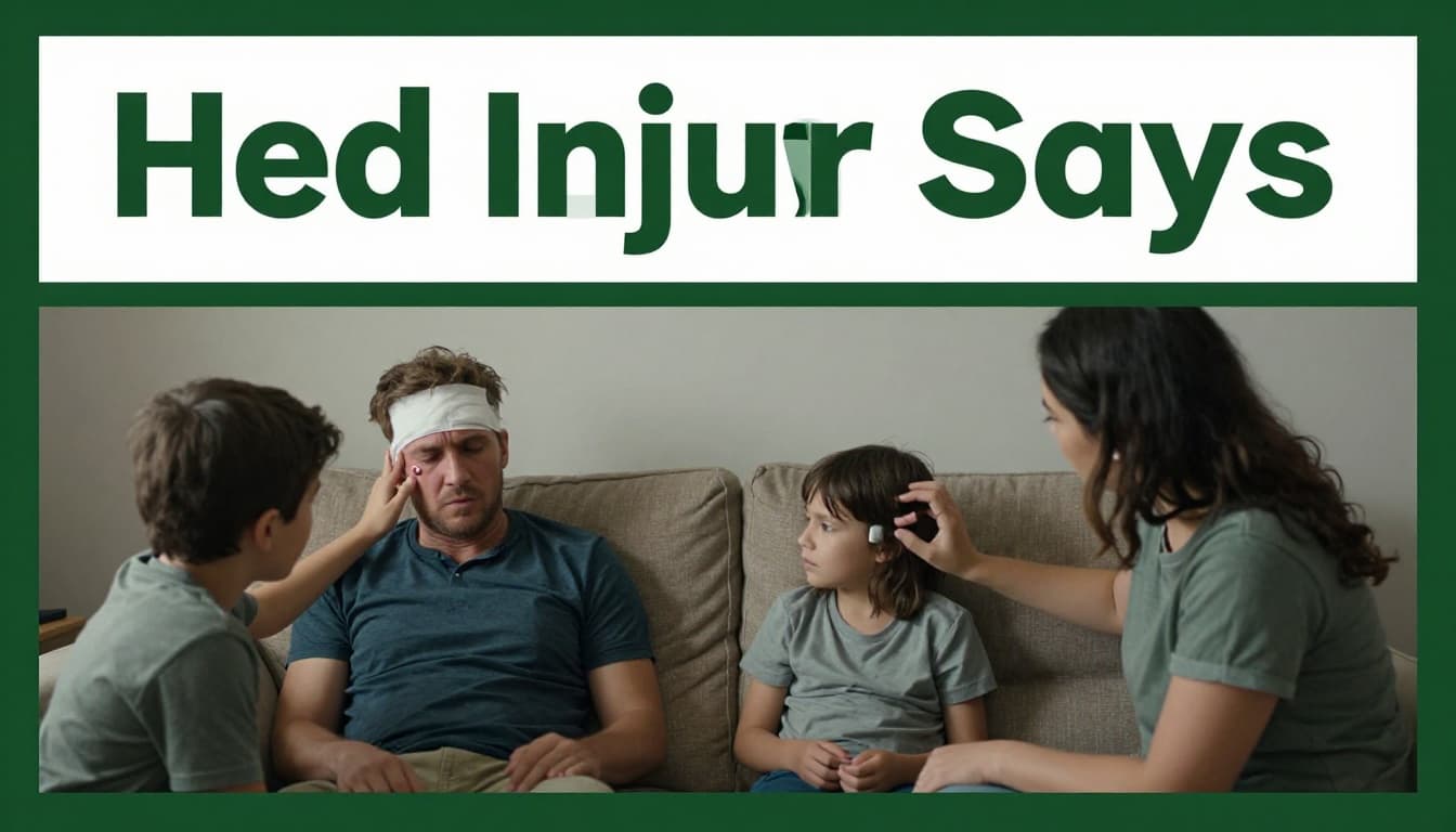 Adult with forehead bandage sits dazed on couch after fall, family member checks pupils in living room side profile emphasizing concussion.
