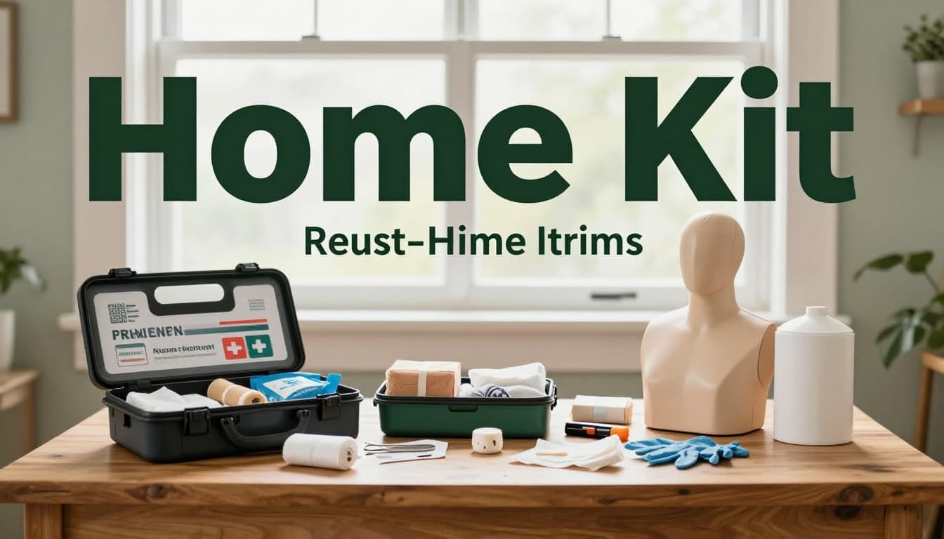 Open first aid kit on a wooden kitchen table displays bandages, gloves, gauze, tweezers, cold pack, and emergency blanket, with a CPR mannequin torso beside it in a bright natural daylight home setting, top-down realistic photo.