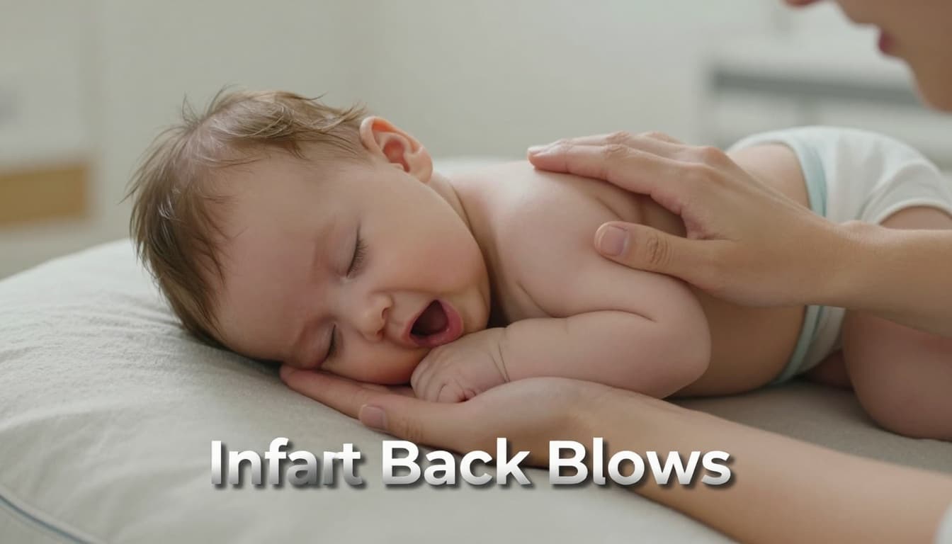 Parent holding infant face down on forearm delivering 5 back blows for choking relief, head lower than body on thigh, close composition in nursery with soft lighting, two subjects only.