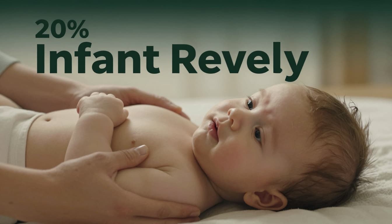 Close-up of an infant gently held face down on an adult forearm in a safe recovery position alternative, head lowered with jaw supported and airways clear. Muted dark-green top band features bold 'Infant Recovery' headline, warm lighting, realistic editorial style.