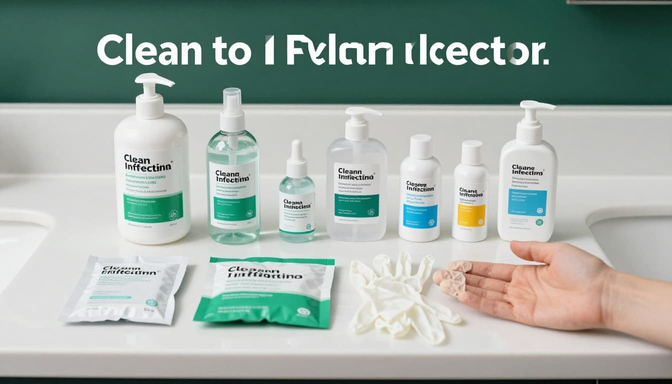 Assortment of antiseptic wipes, antibiotic ointment packets, nonlatex gloves, and hand sanitizer bottles arranged on a white bathroom countertop under bright lighting, with a dark-green band and bold headline 'Clean to Prevent Infection'. Photorealistic horizontal composition from a slight angle, sharp focus on items only.