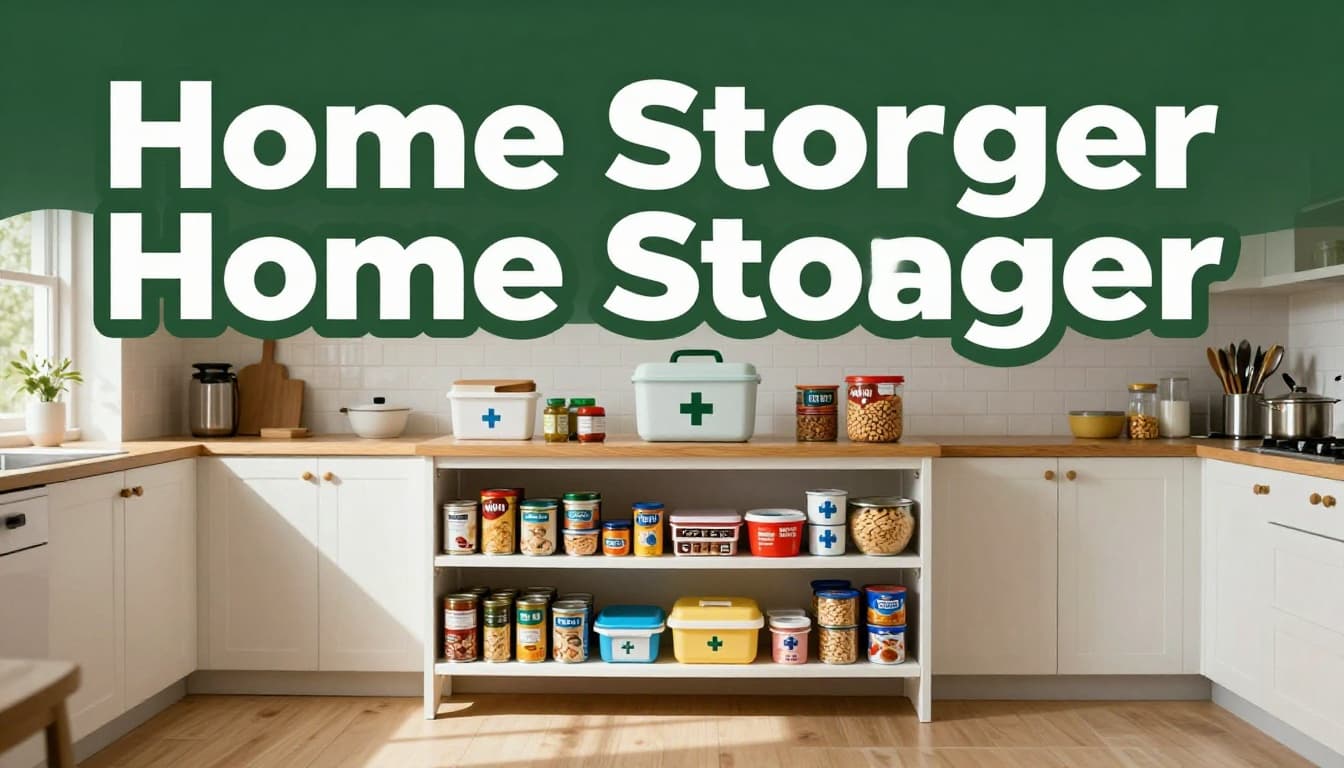 Central kitchen pantry shelf stocked with a compact first aid kit box amid canned goods and cereals in a bright home kitchen, featuring 'Home Storage' headline in bold sans-serif font on a dark-green band.