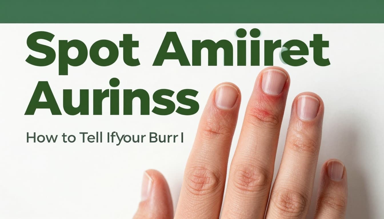 Close-up of a hand with a small red first-degree burn on the fingers, skin slightly swollen but no blisters, on a plain white background in photorealistic style with editorial headline.