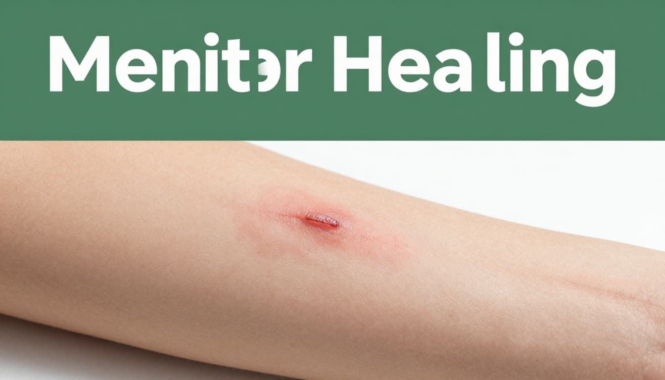 Close-up of a small healing cut on an arm after a few days, transitioning from bandaged area to scab-free skin with reduced redness, no hands or people visible. Bold 'Monitor Healing' headline on muted dark-green band at top, realistic medical photo style with soft natural lighting.
