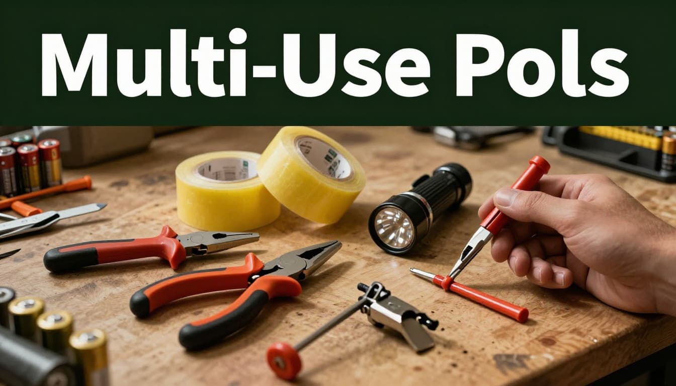 Realistic photo of multi-tool pliers, duct tape roll, flashlight, batteries, whistle, and fire starter arranged on a workbench with warm workshop lighting and dynamic angled composition. Bold 'Multi-Use Tools' headline in high-contrast white text on a muted dark-green band at the top.