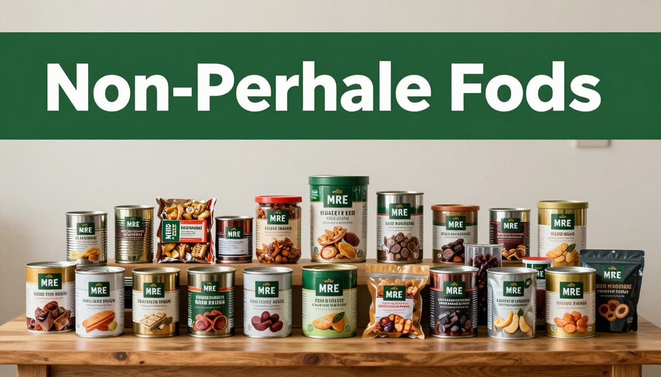 Assortment of canned goods, energy bars, dried fruits, and MRE pouches neatly arranged on a wooden table in a pantry setting, realistic photo with soft overhead lighting. Bold 'Non-Perishable Foods' headline in Title Case on a muted dark-green band near the top.