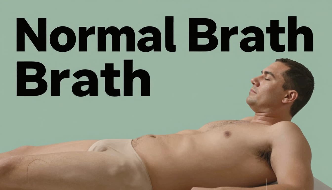 Side profile illustration of an adult's upper torso and head resting calmly on a surface, with symmetric chest and abdomen rising and falling in a normal rhythmic breathing pattern of 12-20 breaths per minute, in a neutral medical exam room.