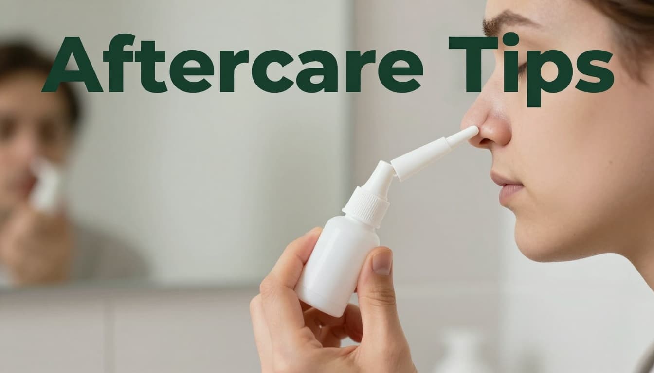 A person gently applies saline spray into their nostril with head tilted in a bathroom mirror reflection, soft morning light, photorealistic close-up of post-nosebleed moisturizing aftercare.