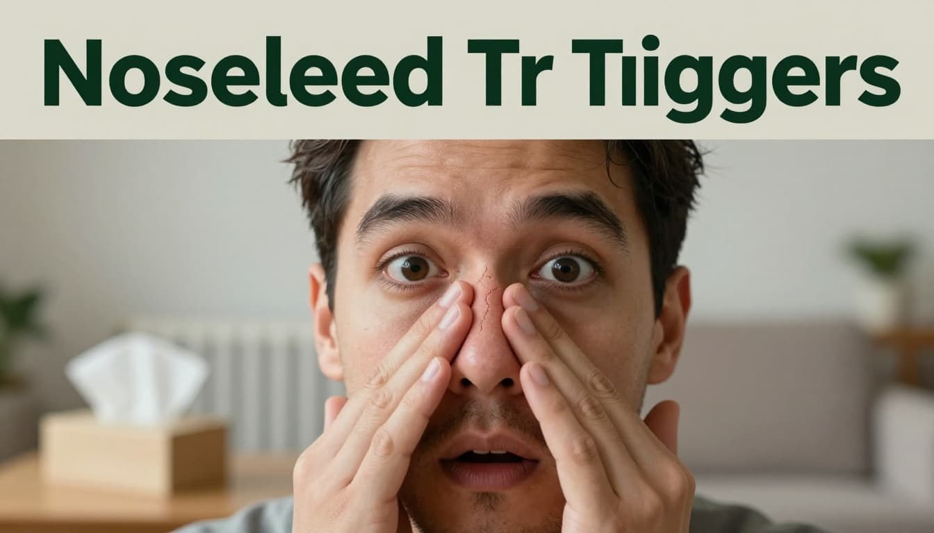 Close-up realistic photograph of an adult's surprised face with dry, cracked nostrils from dry air, winter radiator in soft-focus background, tissue box nearby in a home living room. Bold 'Nosebleed Triggers' headline in Montserrat Black font on a muted dark-green band at the top.