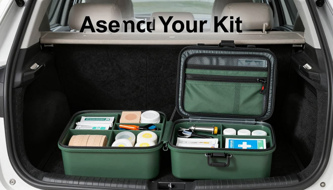Open waterproof first aid kit container filled with organized compartments of bandages, ointments, tools, and medications. Muted dark-green band with bold 'Assemble Your Kit' headline at the top, photo-real style in landscape composition.