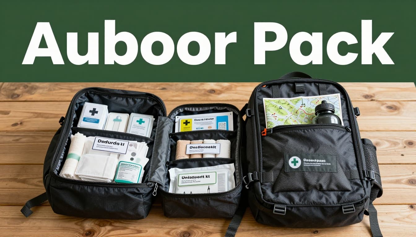 Overhead view of organized first aid supplies in labeled compartments of a waterproof backpack pouch for hiking, with trail map and water bottle on a wooden table. Realistic adventure gear style with natural light and 'Outdoor Pack' headline.