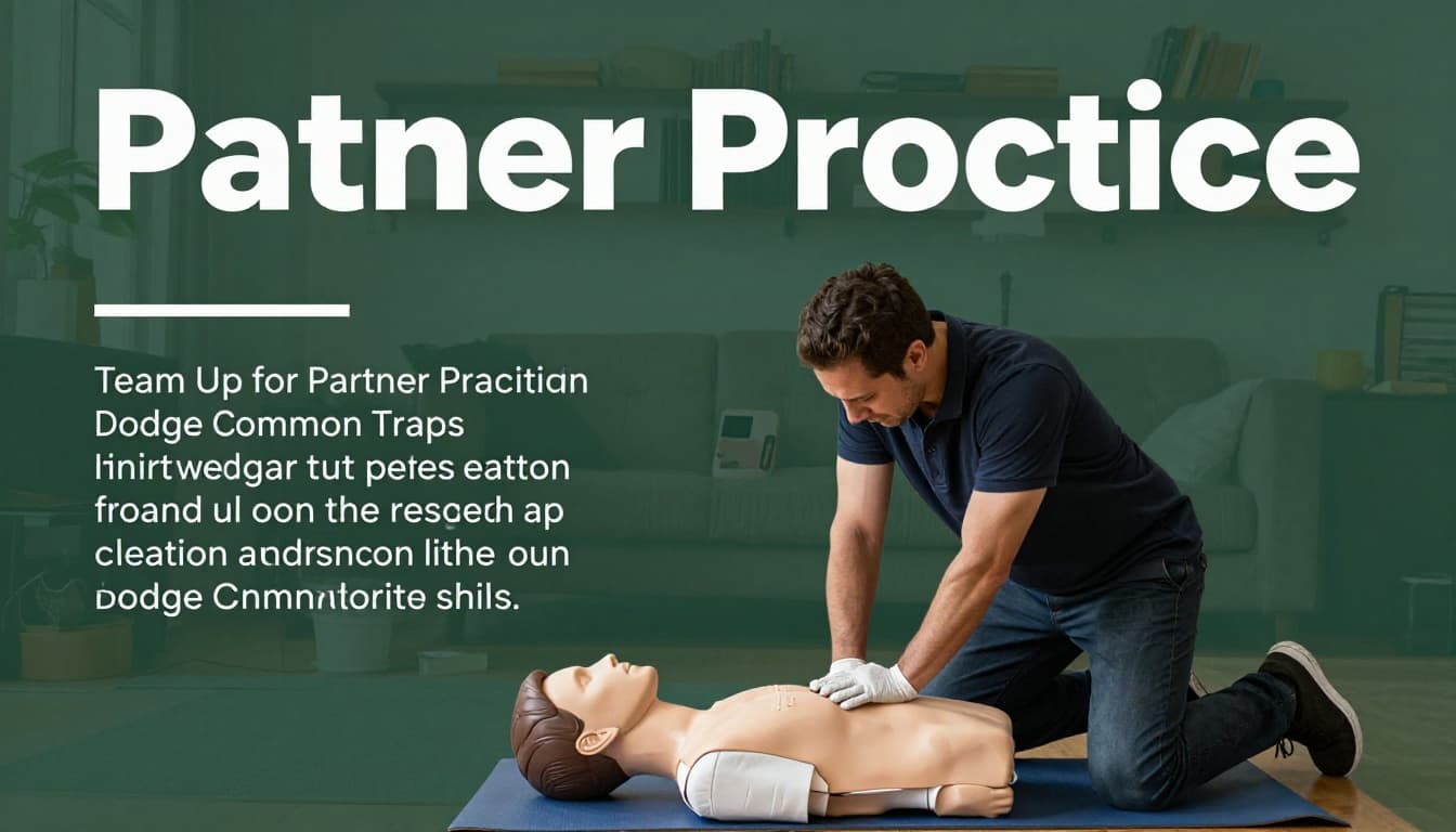 Two adults taking turns practicing CPR on a shared mannequin torso on a living room floor, one kneeling to compress the chest while the other observes with a timer phone, wearing gloves, in natural home light.