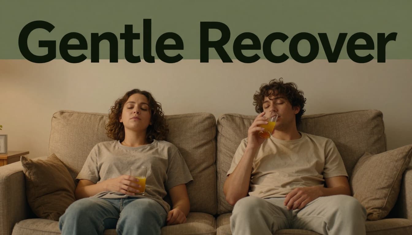 A friend gently supports a person sitting up after fainting, holding a glass of juice in a warm indoor setting near a couch.