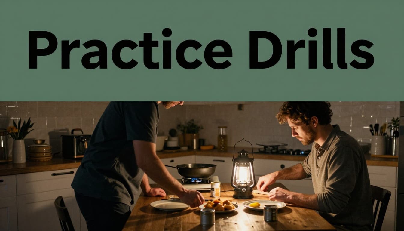A person in casual clothes simulates a power outage drill at a home kitchen table, using a battery lantern and propane stove to heat canned food in dim evening light with realistic lantern glow. Bold 'Practice Drills' headline in Montserrat Black font on a muted dark-green band near the top.