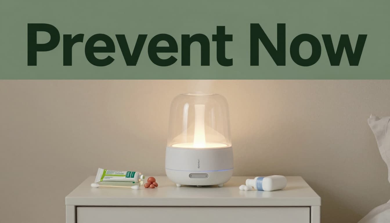 Cozy bedroom nightstand with humidifier emitting mist, open petroleum jelly tube, cotton swab, and trimmed child fingernails in soft lamp light, topped with bold 'Prevent Now' headline on dark-green band.