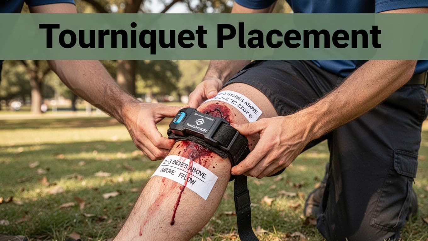 A commercial tourniquet is properly applied tightly on the upper thigh, 2-3 inches above a simulated wound, stopping blood flow in an outdoor park setting with a bystander helping. Medium shot shows full leg, placement, and time note on skin in realistic photo style with natural daylight and a bold headline band.