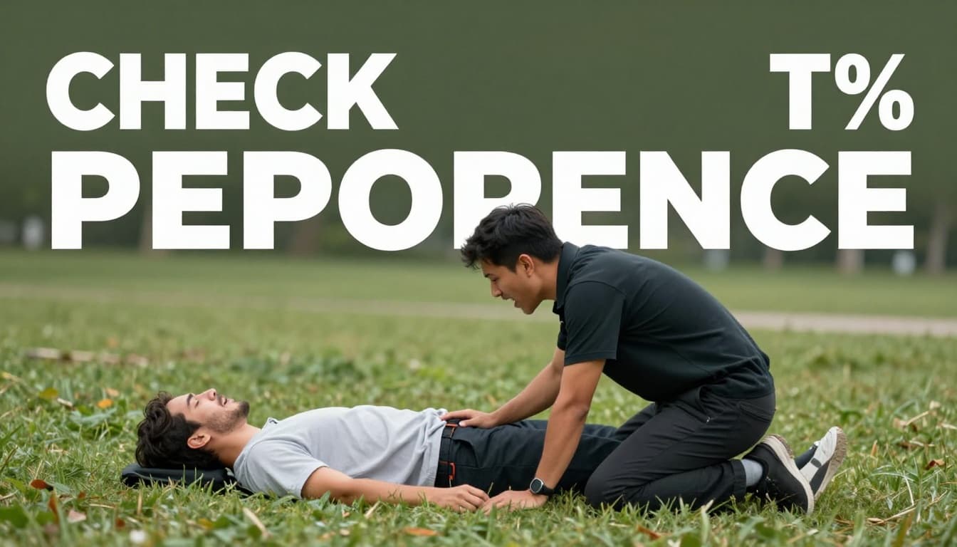 A rescuer kneels beside an unconscious adult on park grass, firmly tapping the shoulder while shouting to check for response in a daylight outdoor setting. Features a bold 'CHECK RESPONSE' headline in editorial style.