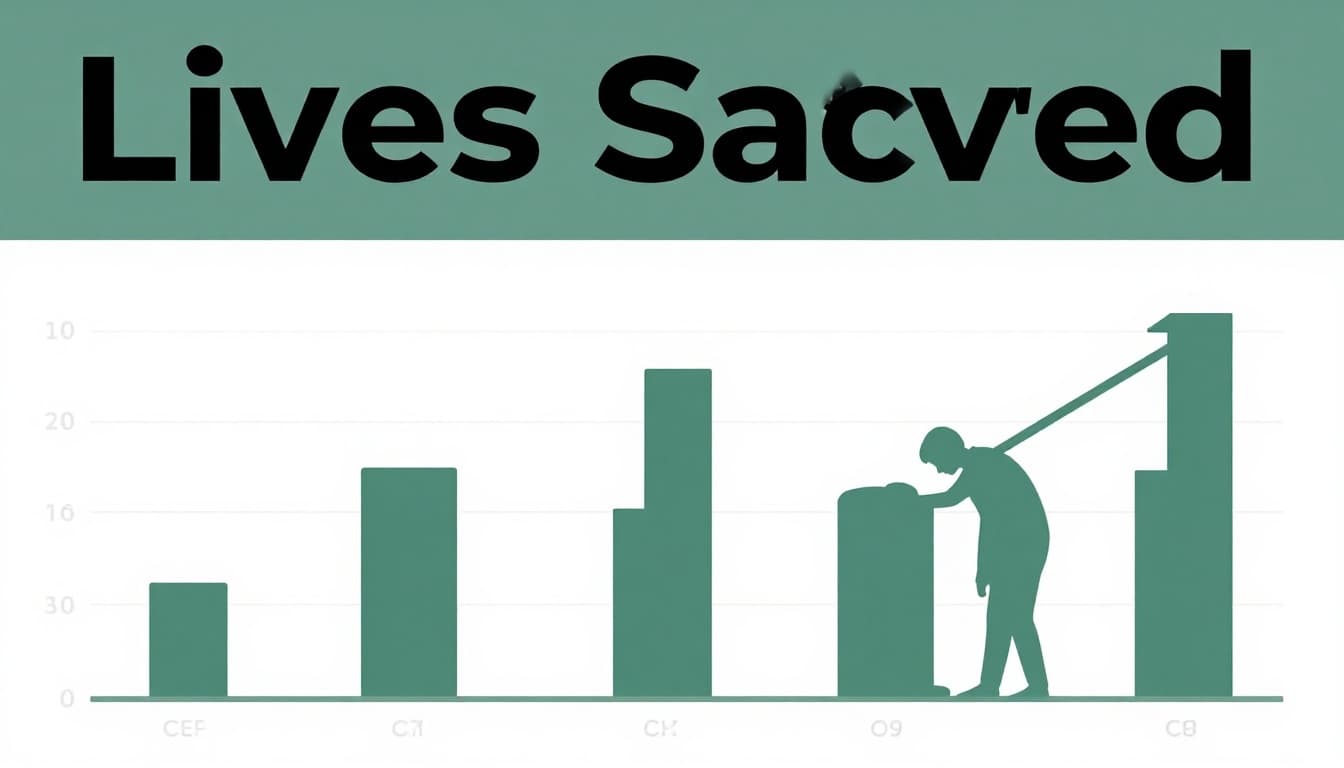 Infographic graph in a modern office showing rising survival rates from bystander CPR over time, with bars, icons, bright professional lighting, and a bold 'Lives Saved' headline on a muted dark-green band.