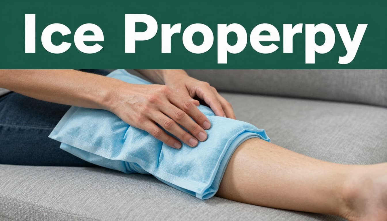 Person applying ice pack wrapped in cloth to elevated sprained ankle while resting on couch in cool blue-toned realistic home interior, legs only visible, no frostbite risk, with bold 'Ice Properly' branding on dark-green top band.