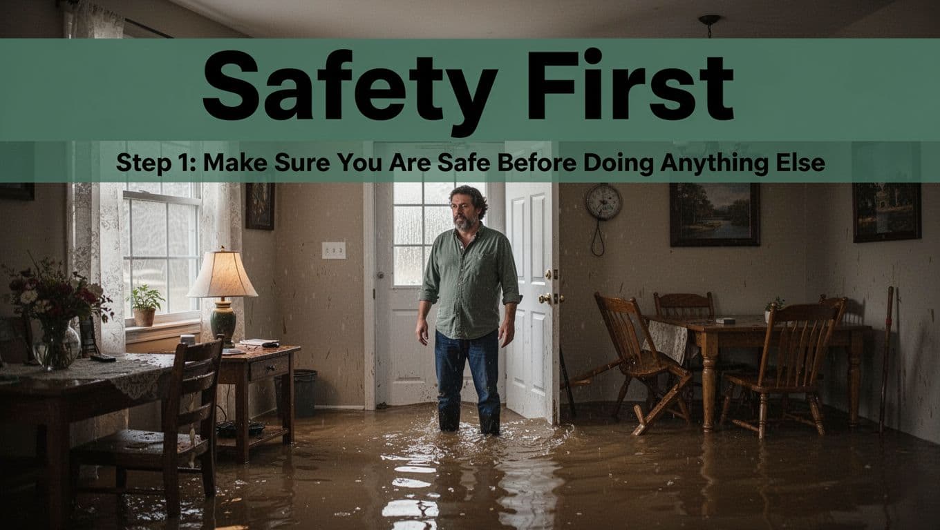 Exactly one adult person stands cautiously in a dimly lit home interior during a flood emergency, scanning for rising water and unstable furniture from a safe dry spot near the door. Realistic wide-shot photo with bold 'Safety First' headline on a muted dark-green band at the top.
