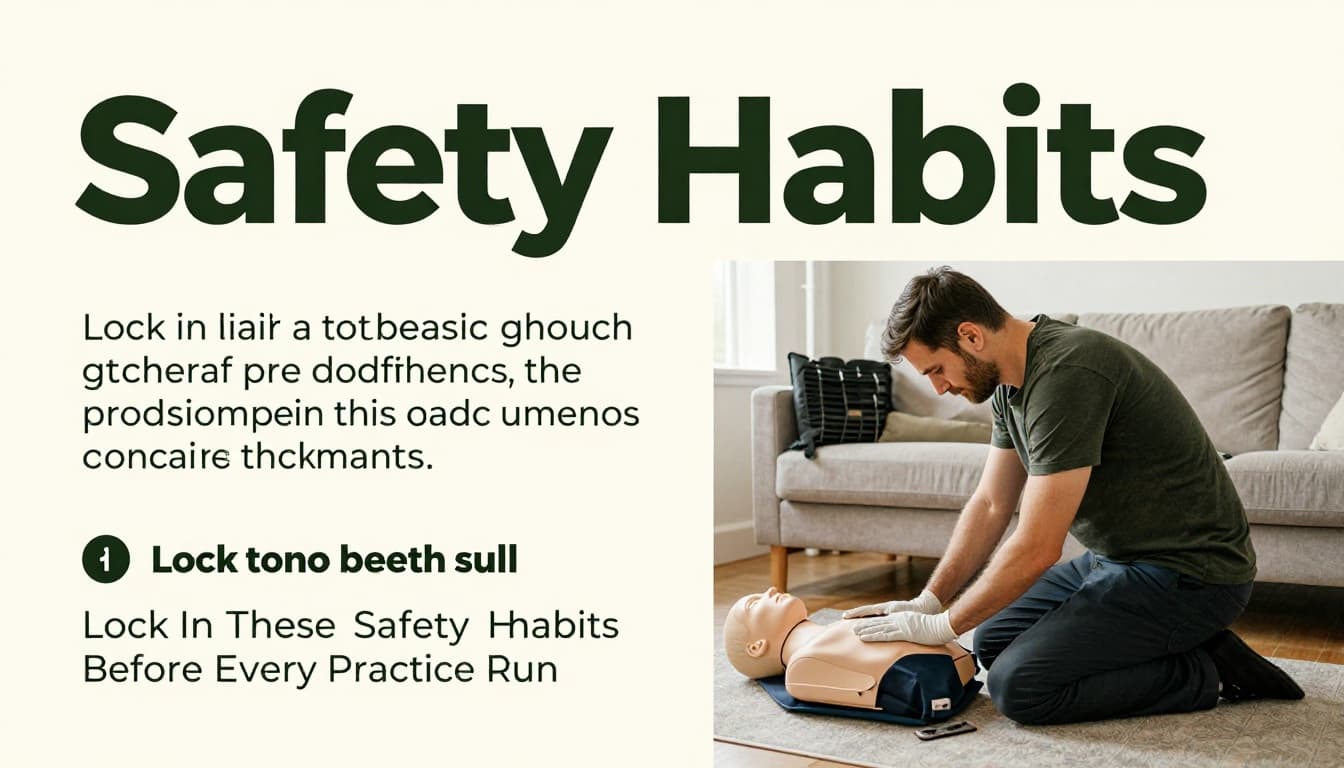 Person wearing nonlatex gloves kneels on hard floor beside CPR mannequin in home living room, tapping shoulder to check response with phone nearby for 911 call.