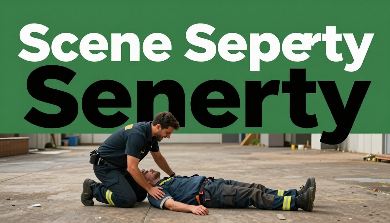 Editorial illustration of a single rescuer kneeling beside a collapsed adult on a firm public floor, tapping the shoulder to check response and shouting for help in a safe environment with no hazards. Prominent 'Scene Safety' headline in bold sans-serif on a muted dark-green band at the top.